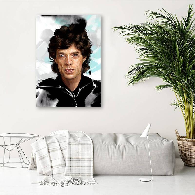 Tableau portrait de Mike Jagger accroché au-dessus d'un canapé clair et d'un plant