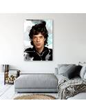 Tableau portrait de Mike Jagger dans un salon, au-dessus d'un pouf gris