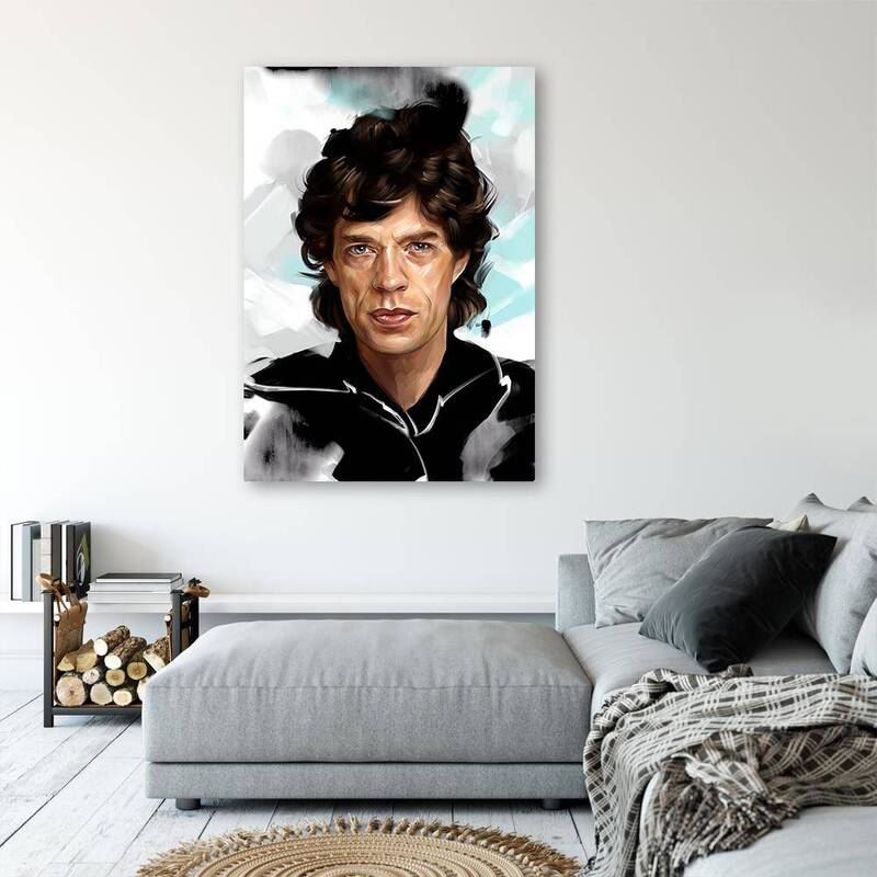 Tableau portrait de Mike Jagger dans un salon, au-dessus d'un pouf gris