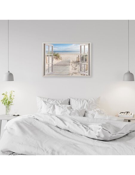 Tableau Imprimé Sur Toile Fenêtre Sur La Mer - Déco Murale Bleue Océan - Neuf Encadré