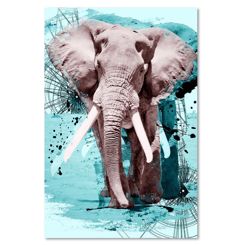 Tableau éléphant aquarelle vu de face sur fond bleu turquoise