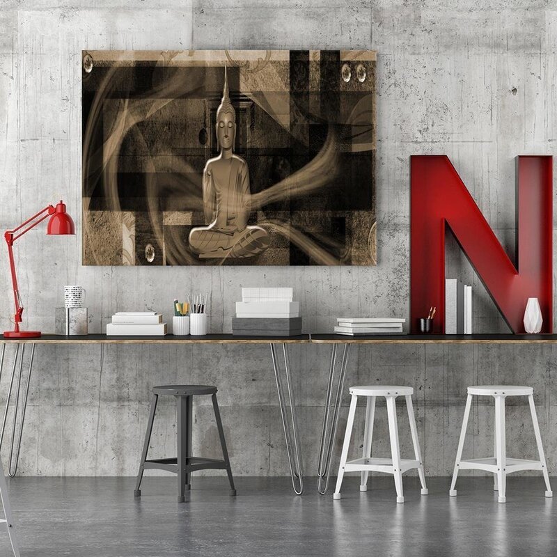 Tableau bois figure of Buddha on geometric background