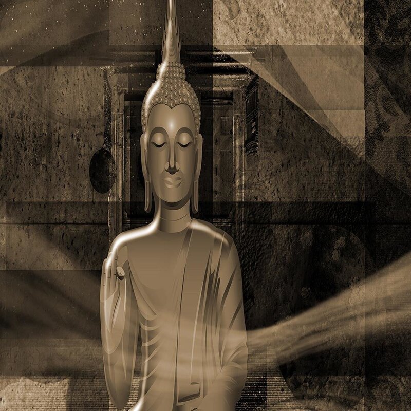 Tableau bois figure of Buddha on geometric background