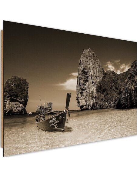 Tableau bois Colorful boat on the sea shore 1