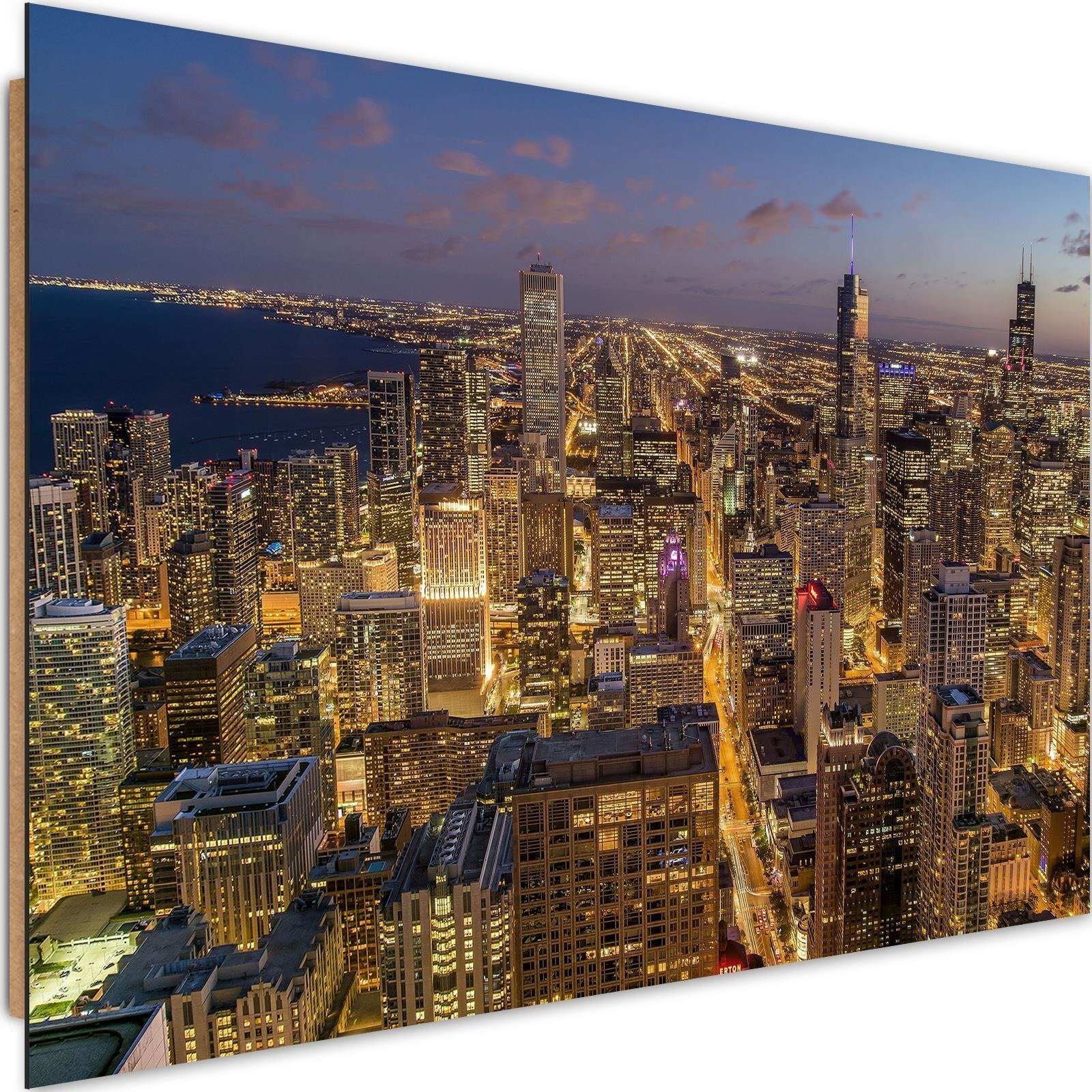 Tableau en bois Chicago la nuit format horizontal- ReCollection