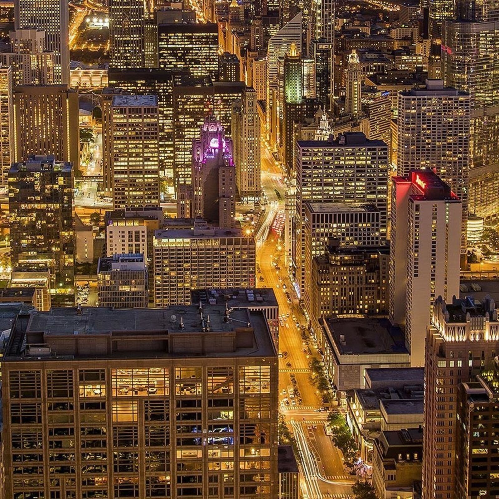 Tableau en bois Chicago la nuit format horizontal- ReCollection