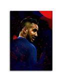 Tableau portrait de footballeur de profil, tons bleu et rouge sur fond sombre