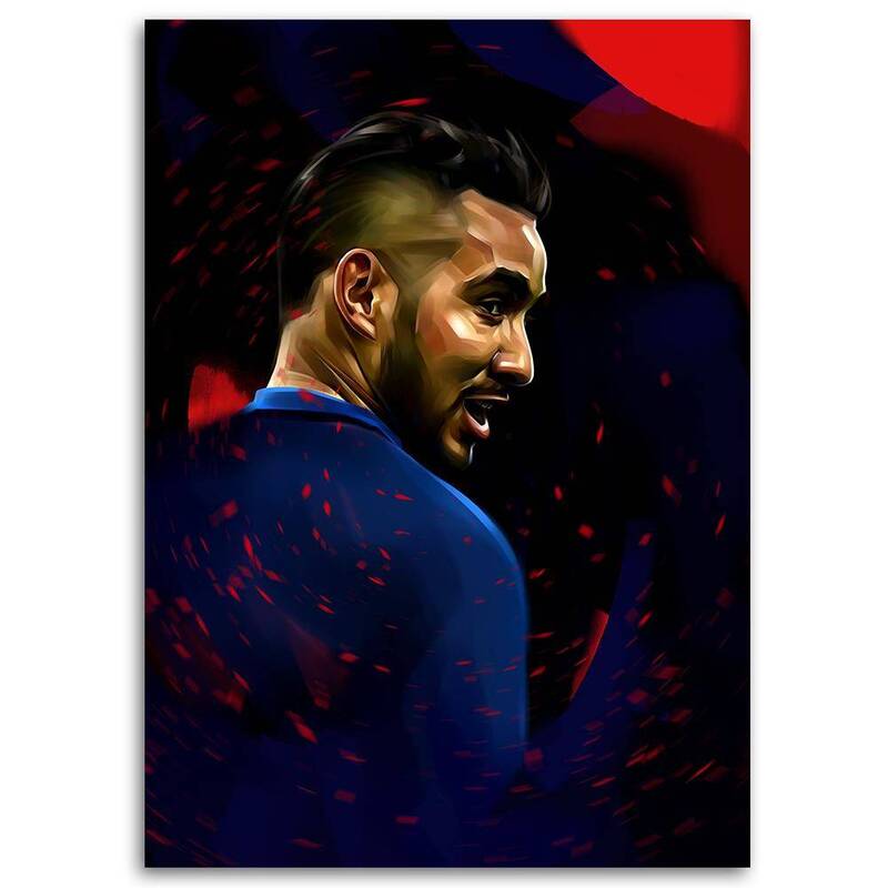 Tableau portrait de footballeur de profil, tons bleu et rouge sur fond sombre