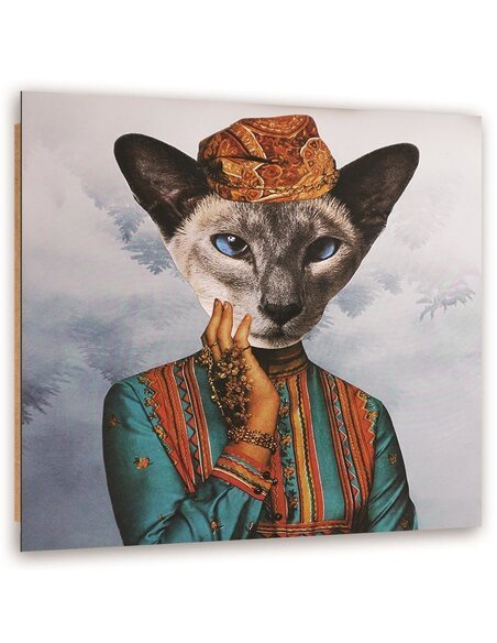 Tableau bois woman with a cat's head