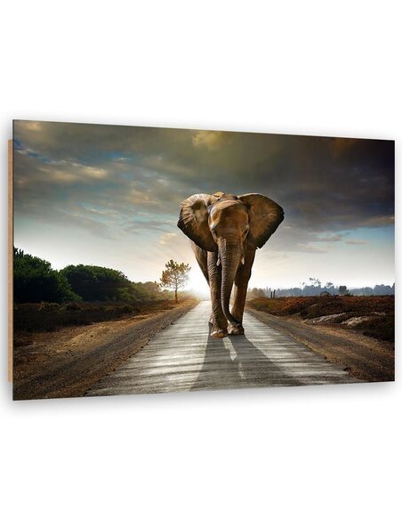 Tableau bois elephant on the road