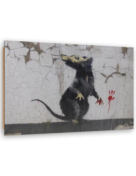 Tableau bois Banksy street art rat paw print