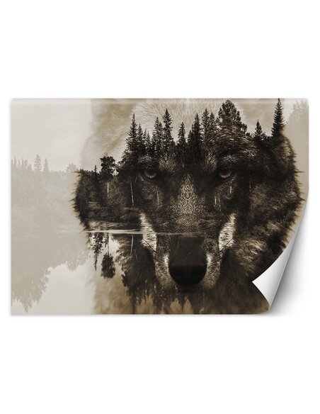 Papier peint Loup sur fond de lacL | Feeby | Marron