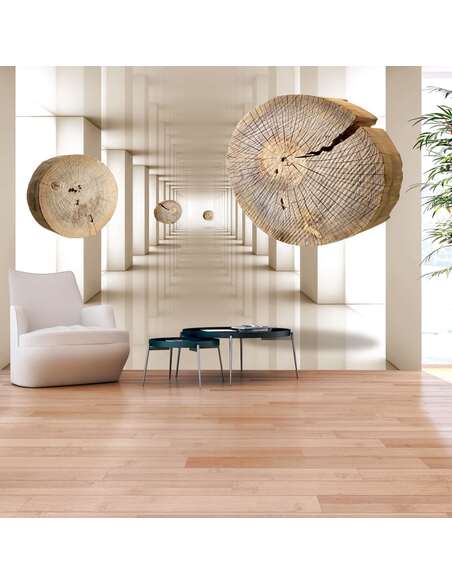 Papier peint adhésif Cercles de bois volants | Artgeist | Beige, brun, blanc