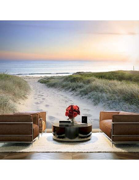 Papier peint adhésif Promenade matinale sur la plage | Artgeist | Beige, vert, azuré, orange, jaune