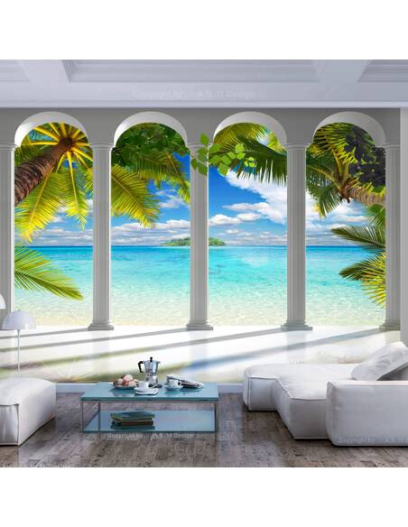 Papier peint adhésif Mer derrière les colonnes | Artgeist | Gris, vert, bleu, beige