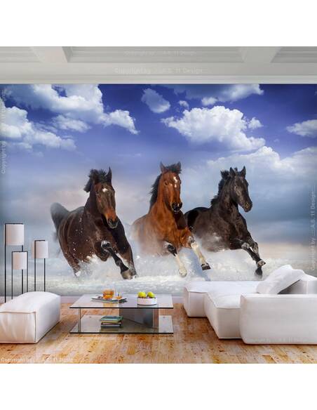 Papier peint adhésif Chevaux dans la neige | Artgeist | Blanc, brun, bleu