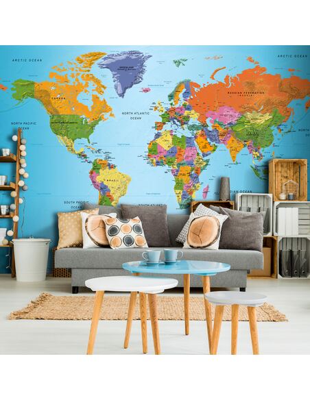Papier peint adhésif Carte du monde géographique en couleur | Artgeist | Bleu et orange