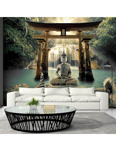 Papier peint adhésif Bouddha sourire | Artgeist | Jaune, gris, vert, brun, bleu