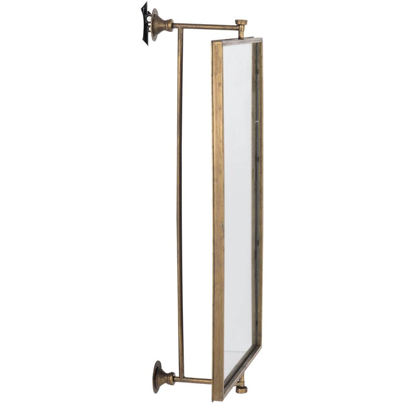 Miroir rectangulaire doré pivotant vu de côté, bras de fixation visibles