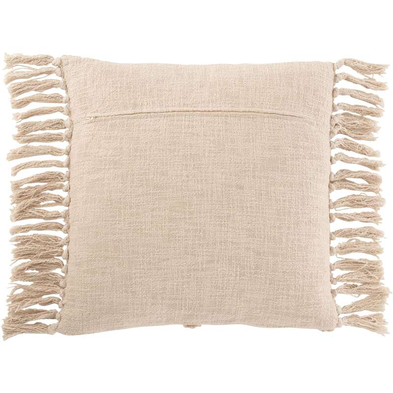 Dos du coussin Altoon en coton beige, uni, avec franges sur les bords