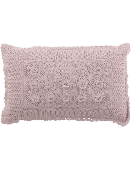 Coussin Columbiax en coton rose, motif crocheté et fleurs en relief