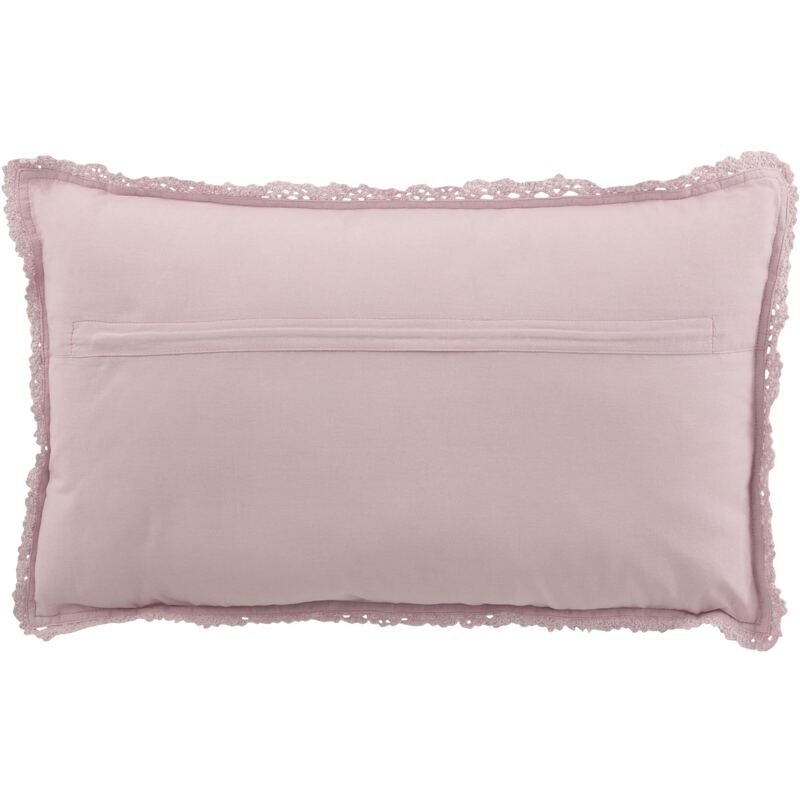 Dos du coussin Columbiax en coton rose, fermeture par zip et bordure en dentelle