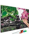 Toile colorée à compléter par numéros, floral et faune, pierres noires et orchidées roses
