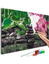 Toile colorée à compléter par numéros, floral et faune, pierres noires et orchidées roses