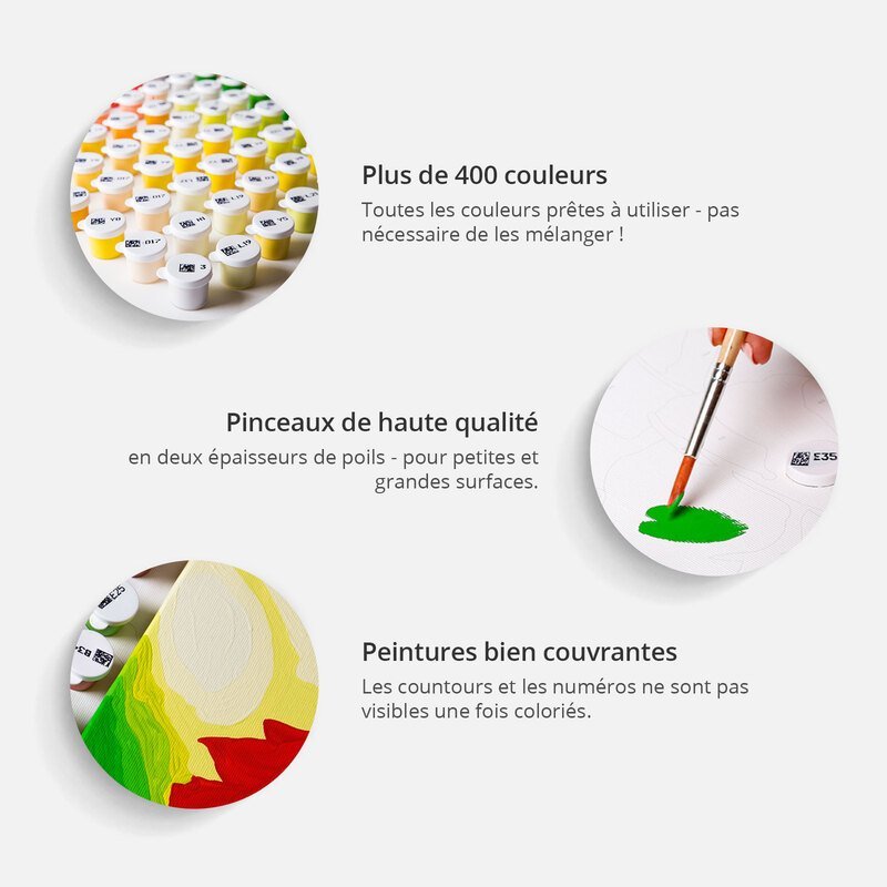 Pots de peinture, pinceaux et argumentaires sur les couleurs et la qualité des pinceaux
