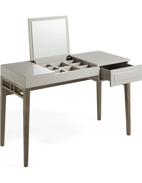 Bureau-commode avec miroir et rangement, réalisé laqué gris perle. Les pieds sont en noyer et 1 tiroir avec ouverture par pousso