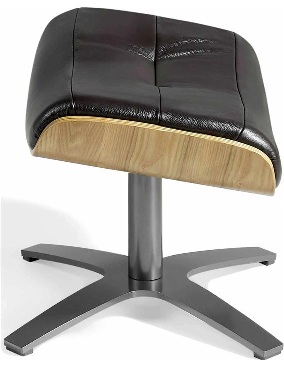 Pouf pivotant 360º , rembourré en cuir bovin. Cadre en bois placé de noyer . Base en acier inoxydable.