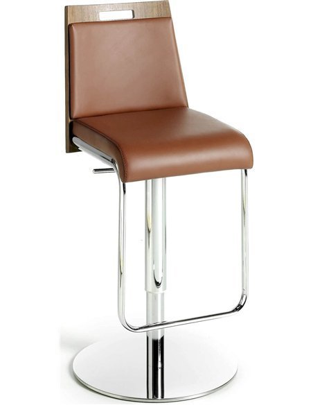 Tabouret rembourré en similicuir marron avec hauteur réglable et dossier en placage dm et noyer structure acier inoxydable. 48x4