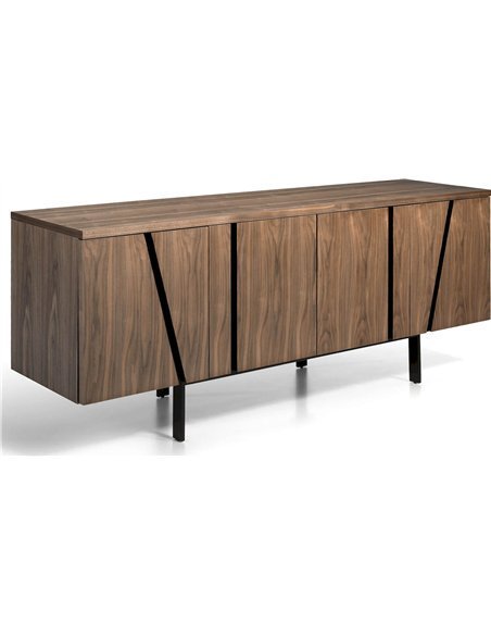 Buffet en bois de frêne noyer américain et détails en acier peint époxy noir, sur base et pieds en acier peint époxy noir. Quatr