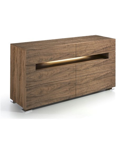 Commode en bois noyer avec six tiroirs et pieds en acier inoxydable poli. Ouverture centrale avec éclairage intérieur à led.