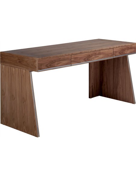 Bureau en bois noyer avec deux tiroirs latéraux. Garnitures en acier inoxydable chromé.