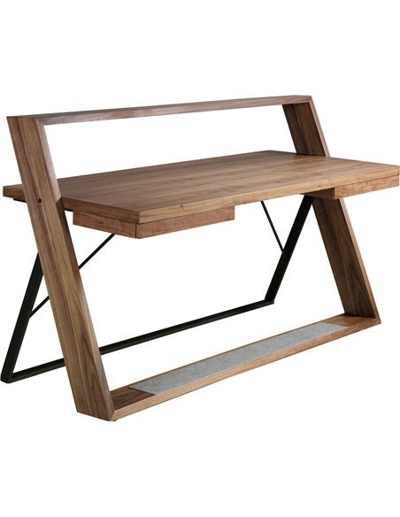 Bureau en placage de noyer et acier noir avec deux tiroirs latéraux.