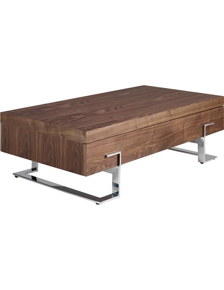 Table basse rectangulaire avec plateau en placage de noyer et pieds en acier inoxydable chromé.