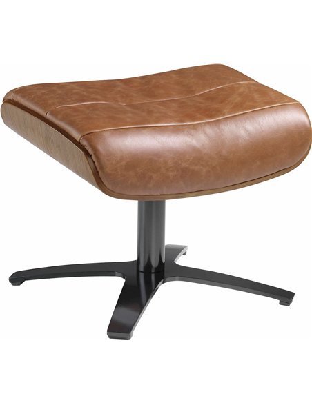 Pouf recouvert de cuir de vachette et piètement en acier massif poli noir. Structure portante en bois noyer.