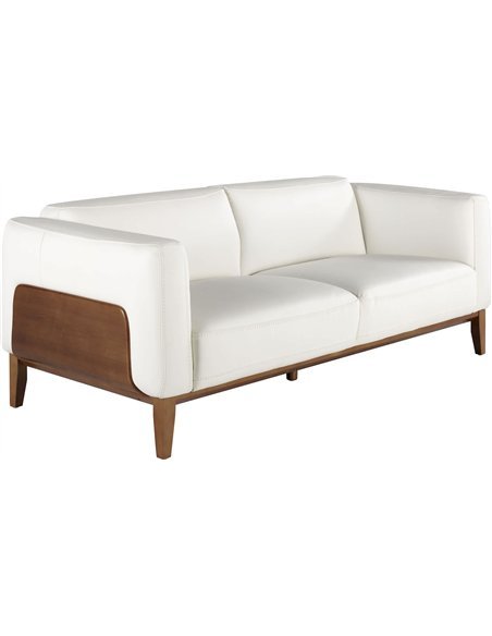 Canapé 3 places recouvert de cuir de vachette blanc avec structure interne en bois de pin naturel, pieds et détail latéral extér