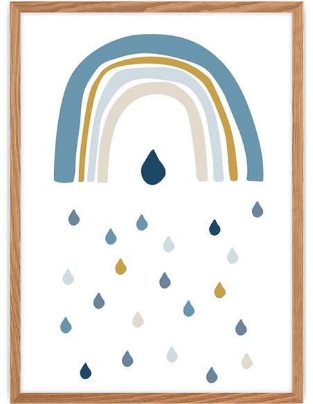 Tableau cadre bois clair Photo pluie de bonheur | YellowTipi | Bleu cadre Bois clair
