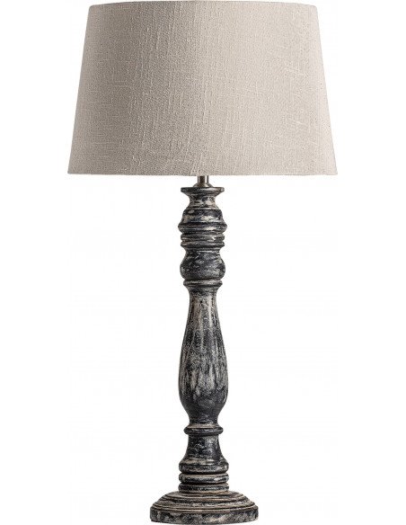 Lampe de salon grise au pied tourné et abat-jour en tissu beige