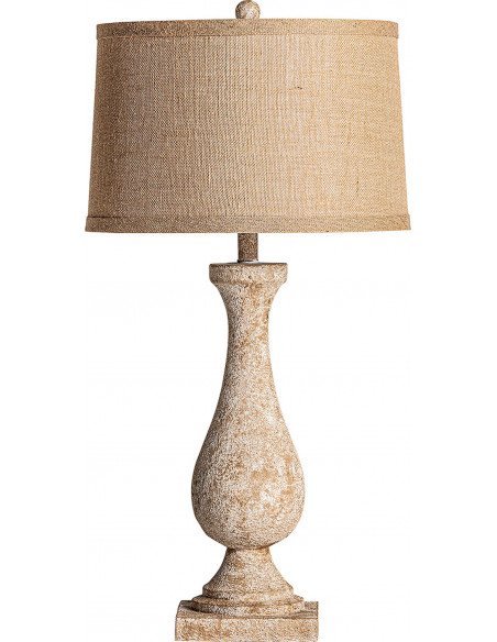 Lampe de salon en résine beige vieilli avec abat-jour en jute