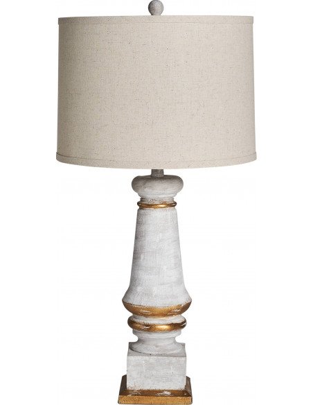 Lampe de salon beige au pied blanc patiné et filets dorés