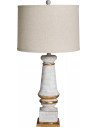 Lampe de salon beige au pied blanc patiné et filets dorés