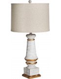 Lampe de salon vue de face, pied blanc patiné et abat-jour en lin beige