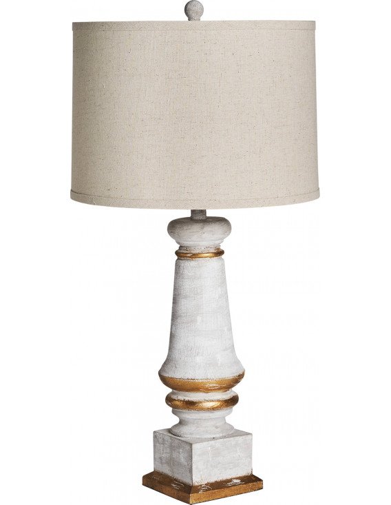 Lampe de salon vue de face, pied blanc patiné et abat-jour en lin beige