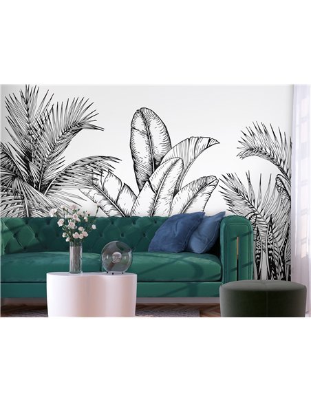 Papier peint Black and white tropics - Jungle with dense palm leaves, banana tree, sansevieria in black on white background | Ar