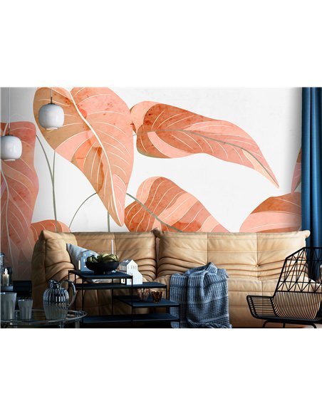 Papier peint Original leaves - Narrow salmon-coloured leaves with thin stems on a light cream background | Artgeist | Rose, bois