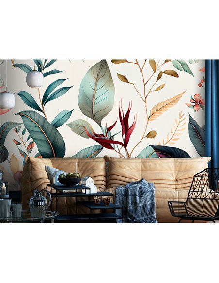 Papier peint Autumn nature - A variety of flowers and leaves in muted colours, forming an interesting, coherent composition on a