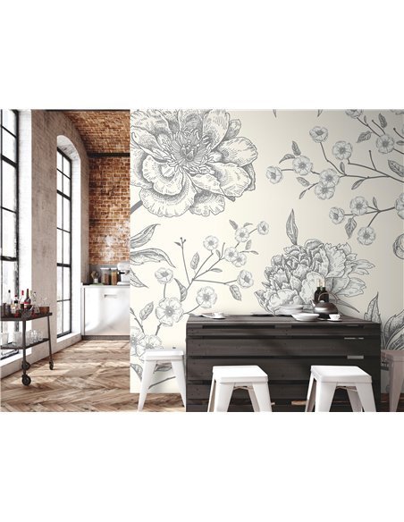 Papier peint Monochrome floral pattern - Black floral pattern on beige background | Artgeist | Gris, beige